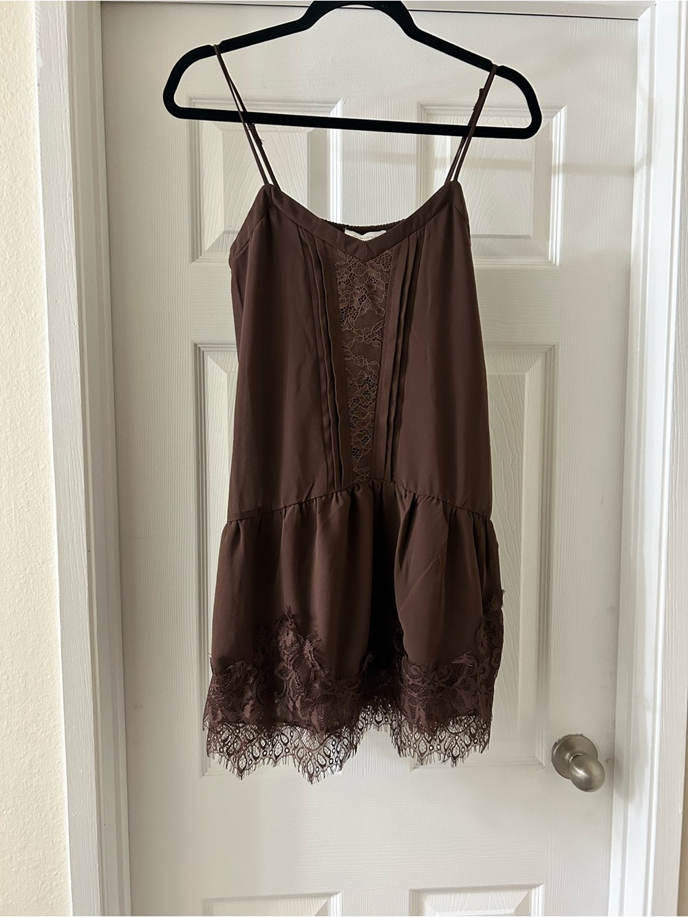 Slip Dress Chemise with Lace Trim in Chocolate Brown
